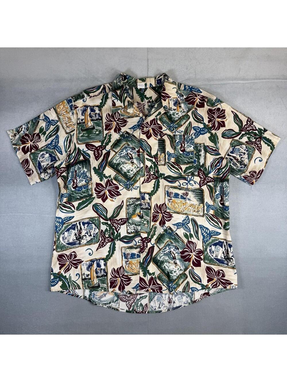 Vintage 90s Angelica Hawaiian Shirt Mens XL Beige Floral Camp Collar Made In USA